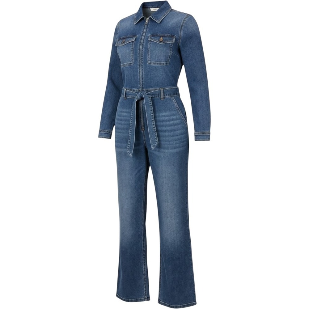 Christian Siriano Full Zip Belted Stretch Denim Jumpsuit Women's 16 EUC Designer